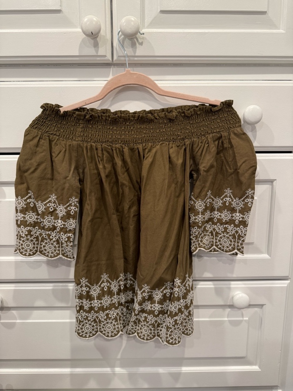 Abercrombie & Fitch Olive Off-Shoulder Smocked Top with White Embroidery